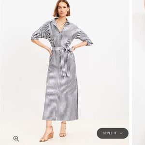 LOFT Striped Poplin Belted Pocket Shirtdress Size L NWT Black striped